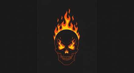 Illustration of a skull engulfed in vibrant orange and yellow flames against a dark background.