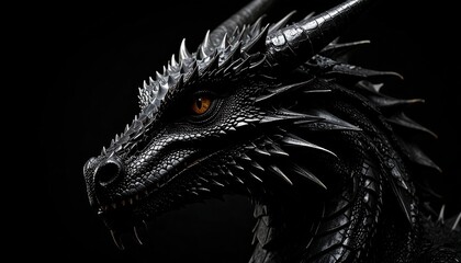Close-up of a mythical black dragon's head