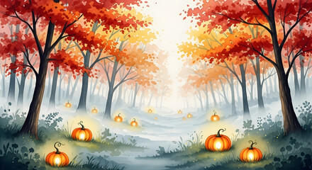 An enchanting autumn forest path illuminated by glowing jack-o'-lanterns amidst colorful, misty trees.