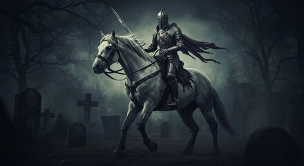 Ghostly warrior riding a shadow horse through dark mist, epic fantasy horror atmosphere.