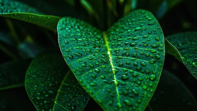 Close-up of a vibrant green leaf covered in glistening water droplets after rainfall
