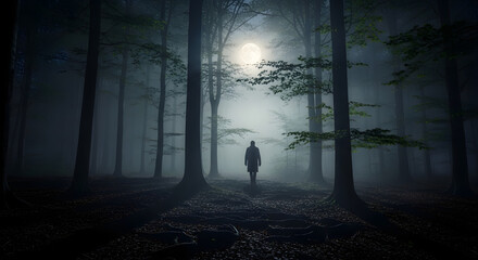 A solitary figure walks through a misty, moonlit forest, illuminated by an ethereal glow filtering through the trees.