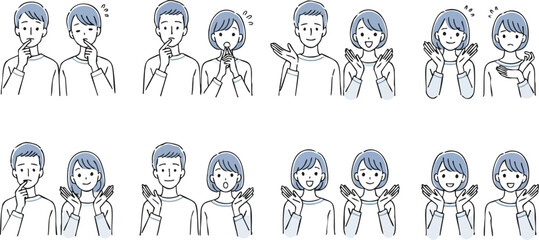 Fototapeta premium Diverse Couple Illustrations Expressing Various Emotions and Poses, Simple Style.