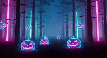Futuristic Halloween landscape with levitating neon jack-o'-lanterns in a dark, misty forest.