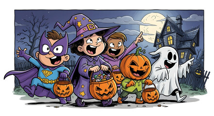 A group of happy children in Halloween costumes, including a superhero, witch, pumpkin, and ghost, carrying candy buckets and walking towards a spooky haunte...