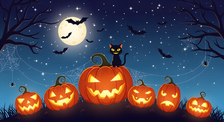 A spooky Halloween night scene featuring glowing jack-o'-lanterns, bats, and a black cat under a full moon.