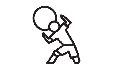 Stick figure person lifting a large ball isolated on white background