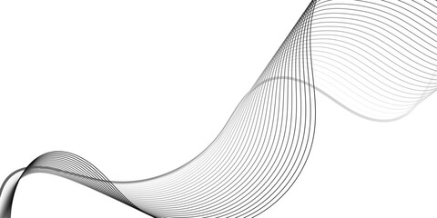 Abstract wave design with evenly spaced black lines creating fluid curves over a white canvas. The dynamic composition resembles vibration, frequency, or soundwave energy, blending simplicity