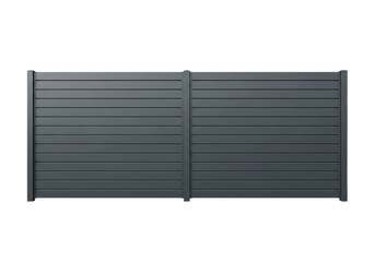 Modern dark gray aluminum privacy fence with wide horizontal panels, narrow gaps, transparent background, copy space, studio light. Concept of modern architectural design and privacy
