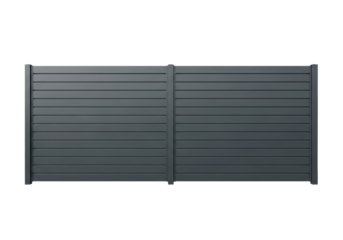 Modern dark gray aluminum privacy fence with wide horizontal panels, narrow gaps, transparent background, copy space, studio light. Concept of modern architectural design and privacy