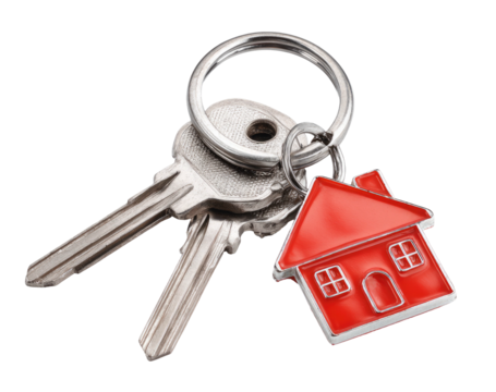 House keys with a miniature house keychain