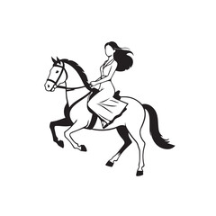 Black and white line art of a beautiful woman with perfect body riding horse elegant minimalist illustration