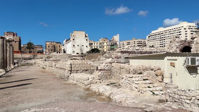 Ancient colonnaded street and Roman theatre ruins at Kom El-Dikka in Alexandria