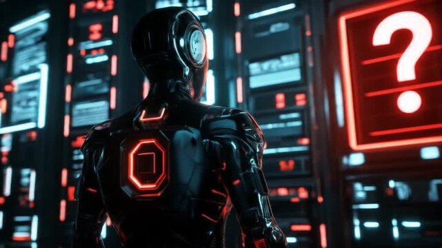 Futuristic robot standing in a high-tech environment, questioning unknown data on a screen
