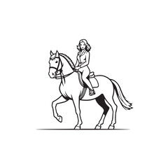 Black and white line art of a beautiful woman with perfect body riding horse elegant minimalist illustration