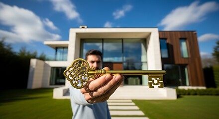 Man Holding Giant Key to Modern House.
