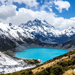 Majestic alpine lake nestled in snowy mountains