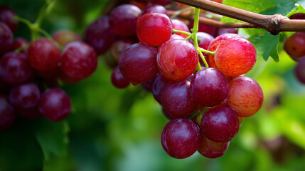 Vibrant cluster of purple grapes hangs from a vine, glistening with morning dew. Ideal for stock imagery of fresh fruit, harvest, vineyard scenes, and healthy eating.