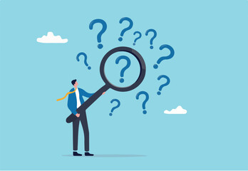 Problem analysis or problem management, analyze or investigate for root cause or incident, finding solution or discover threat or uncertain, businessman with magnifying glass analyze question marks.