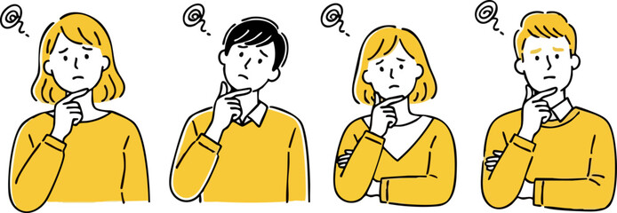 Four Pensive Figures in Yellow, Contemplating with Hand on Chin and Question Mark