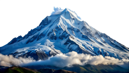 Majestic mountain peak covered in snow, rising above the clouds, isolated on transparent background, a breathtaking view of natures beauty and grandeur