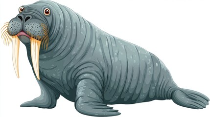 A digitally rendered cartoon-style walrus in shades of grey, featuring prominent tusks and whiskers
