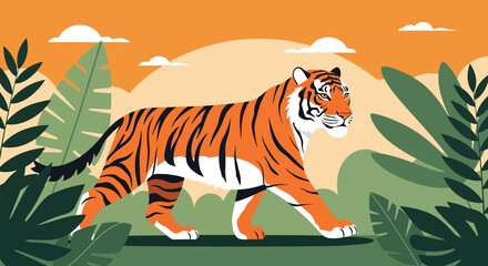 Illustration Art Vector of Tiger and Tropical Leaves in Orange and Green Colors Modern Style
