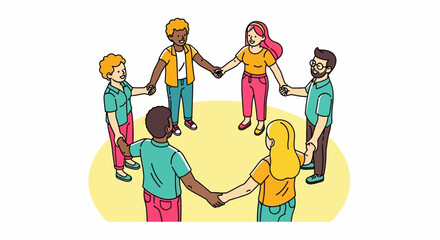 Illustration Vector of Diverse People Holding Hands in a Circle Representing Unity and Community in a Modern Flat Design Style