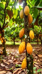 Cacao pods hang from trees in a lush plantation