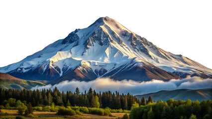 Majestic mountain peak covered in snow, surrounded by lush green forests and a serene landscape under a partly cloudy sky isolated on transparent background