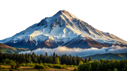 Majestic mountain peak covered in snow, surrounded by lush green forests and a serene landscape under a partly cloudy sky isolated on transparent background