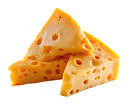 Three triangular slices of cheese with holes