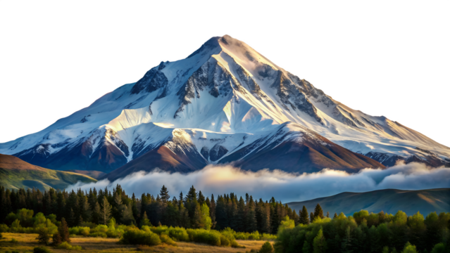 Majestic mountain peak covered in snow, surrounded by lush green forests and a serene landscape under a partly cloudy sky isolated on transparent background - Powered by Adobe