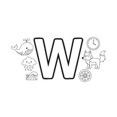Alphabet letter W coloring page featuring whale wolf wheel wave and weather objects for kids learning and fun