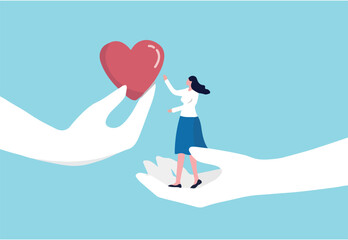 Empathy or sympathy understanding and share feeling with others, support or help community, kindness and compassion concept, supporting hand carry misfortune depressed woman and giving heart shape. 
