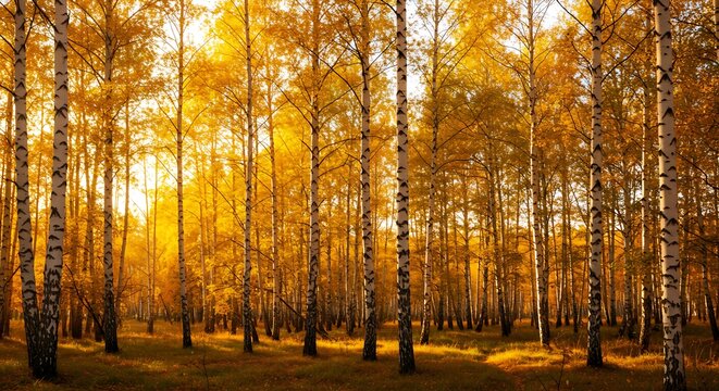 Autumnal birch forest sunlight