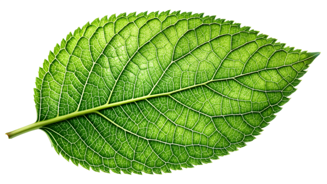 A vibrant green leaf with intricate vein patterns, showcasing the beauty and complexity of nature, isolated on transparent background