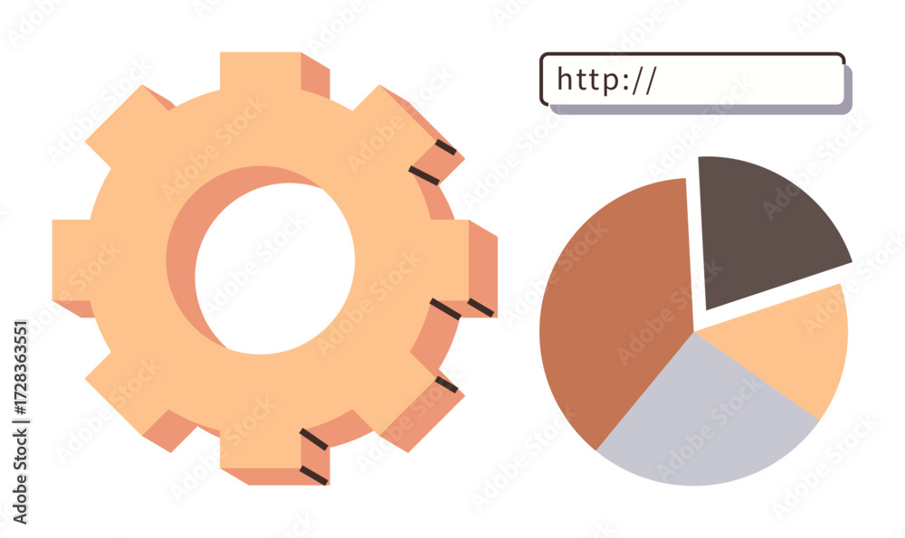 Wall mural cogwheel, pie chart, and a url search bar emphasize technology, analytics, process efficiency, and w