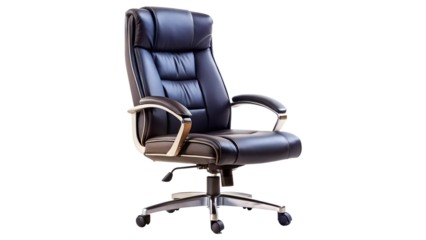 Elegant black leather executive office chair isolated on transparent background, offering comfort and style for professional workspaces and home offices alike