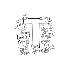 Fototapeta premium Educational coloring page featuring the letter T with tiger tree turtle and trumpet objects for children learning the alphabet