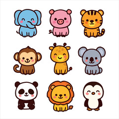 A fun vector set of cute cartoon animal faces, including a baby bear, pig, panda, dog, lion, owl, cat, sheep, elephant, and cow character illustration icon for children book design.