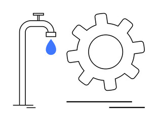 Stylized water tap releasing droplet alongside gearwheel. Ideal for efficiency, sustainability, resource management, conservation, industrial processes, eco-awareness, simple flat metaphor