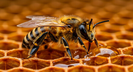 Golden Apiary: A honey bee at work, ultra-detailed