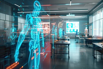 Students learning anatomy with holographic AR technology in smart classroom