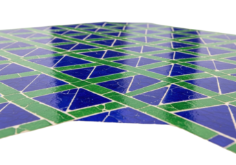 Close-up of an elaborately hand-painted ceramic tile floor, deep sapphire blue and emerald green mosaic with cracks, glossy finish, receding into white copy space, concept of ancient exotic artistry