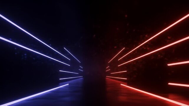 Abstract scene shows glowing lines in a tunnel like area in red and blue colors