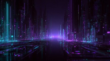 Futuristic digital scene featuring neon lines, electronic circuits, and holographic interface components, highlighted by purple and cyan gradient lighting