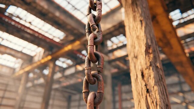 Rusty chain metal hanging old industrial building showing manufacturing decline and aging equipment with blurred background