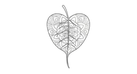 Floral Vector Illustration Heart Shaped Leaf with Mandala Geometric Pattern Black White Design