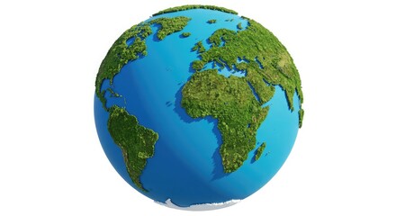 Vibrant green Earth globe with lush vegetation covering continents, symbolizing eco friendly living and global conservation efforts in a pristine blue ocean